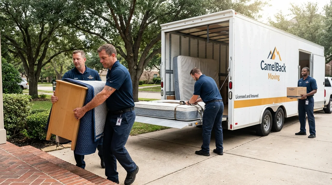 Crew loading residential truck for cross-state move from Mulberry, AR