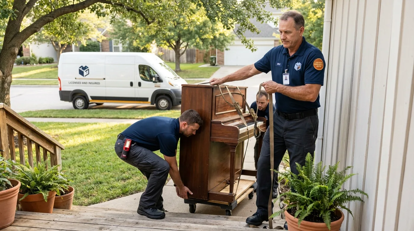 Licensed piano movers securing grand piano in Mulberry, AR