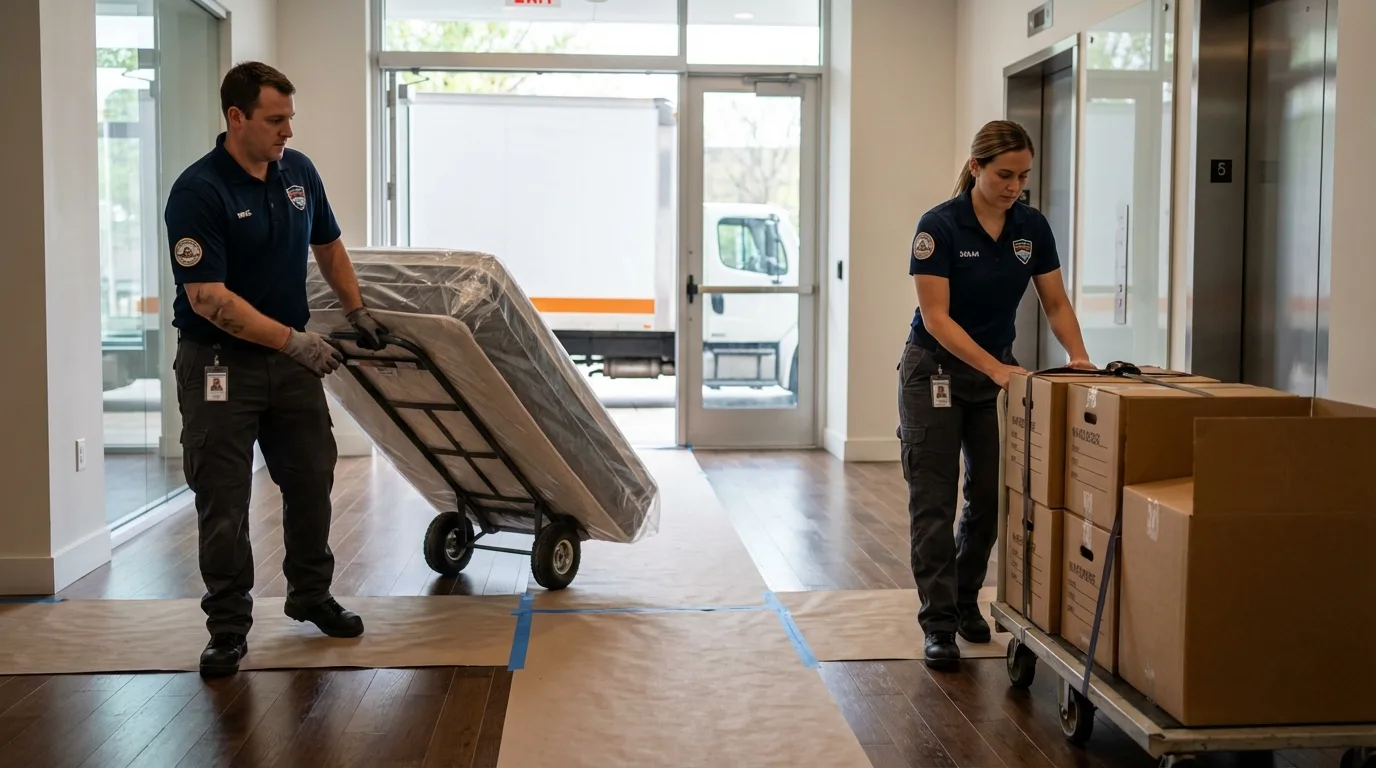 Professional apartment movers loading elevator in Mulberry, AR